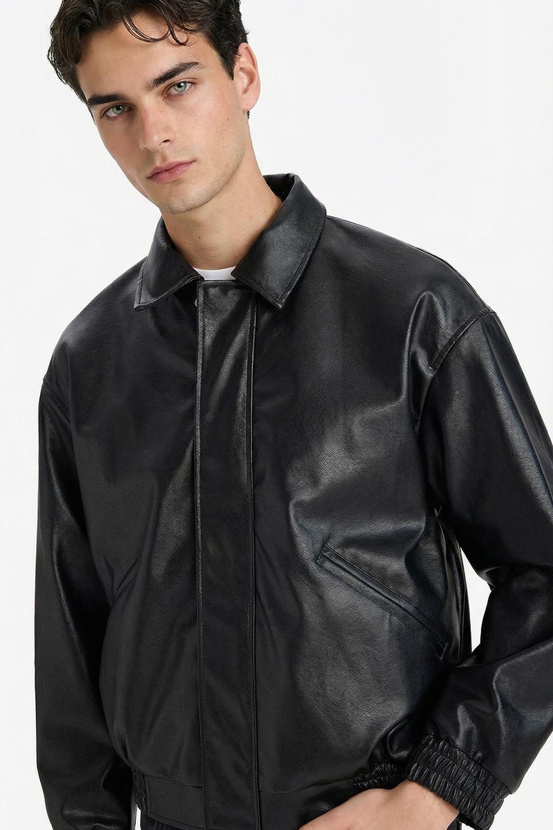 DeFacto Black Man Oversize Fit Shirt Collar Zippered Faux Leather Jacket Casual - Image 3